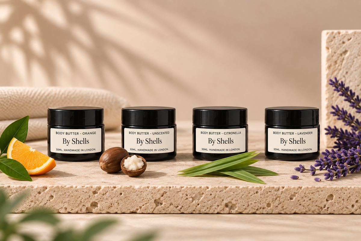 Four 30ml By Shells body butter jars in Orange, Unscented, Citronella and Lavender