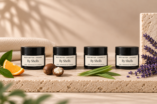 Four 30ml By Shells body butter jars in Orange, Unscented, Citronella and Lavender